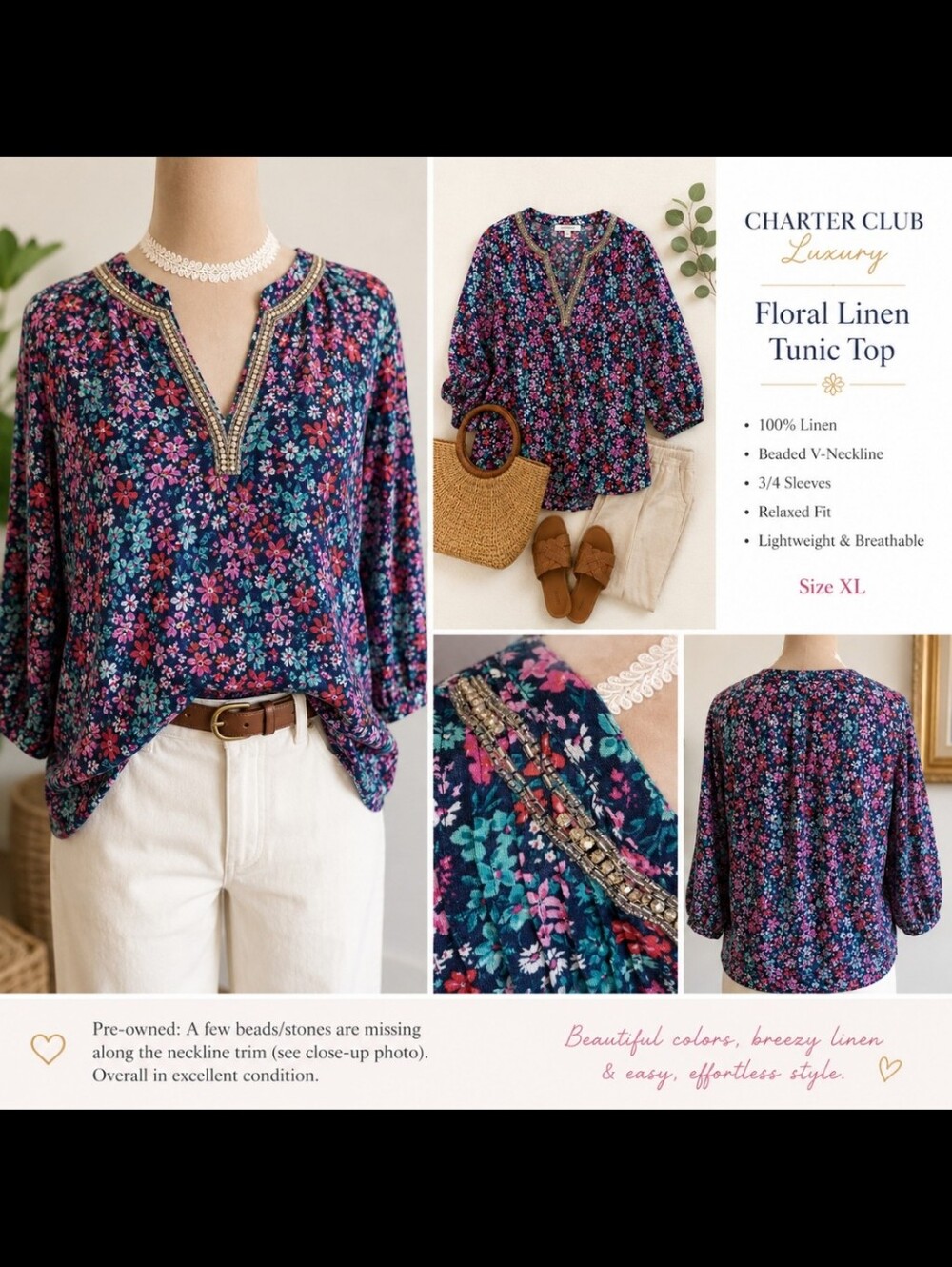 Charter Club Luxury ~ Floral Linen Tunic Top XL Beaded Rhinestone Neckline